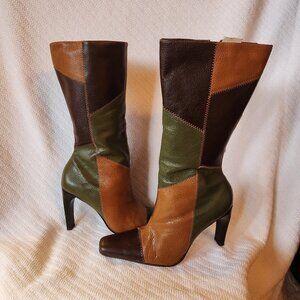 Pazzo Galaxy Brown Green Tan Patchwork Leather Heeled Boot Size 8 Square Toe Y2K